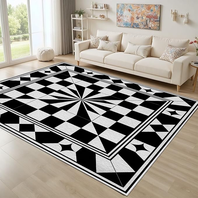 Black and White Checkered Rug, Checkered Rug, Modern Geometric Pattern Carpet, Retro Machine Washable Non Slip Area Rugs, Contemporary Rugs for Living Room/Bedroom 3x5
