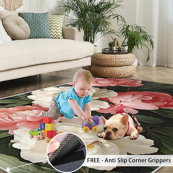 Rustic Flowers Washable Area Rug 5x8, Peony Soft Rugs for Living Room Petals Carpet Area Rugs for Bedroom Dining Room Non-Slip Stain Resistant Rug
