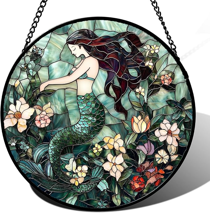 Stained Glass Window Hanging - Teal Sleeping Mermaid Suncatcher for Door Terrace Garden Home Decor, Sea of Flowers Sun Catcher Birthday Gifts for Lovers Women Men Dad Mom Nana 9.8 in