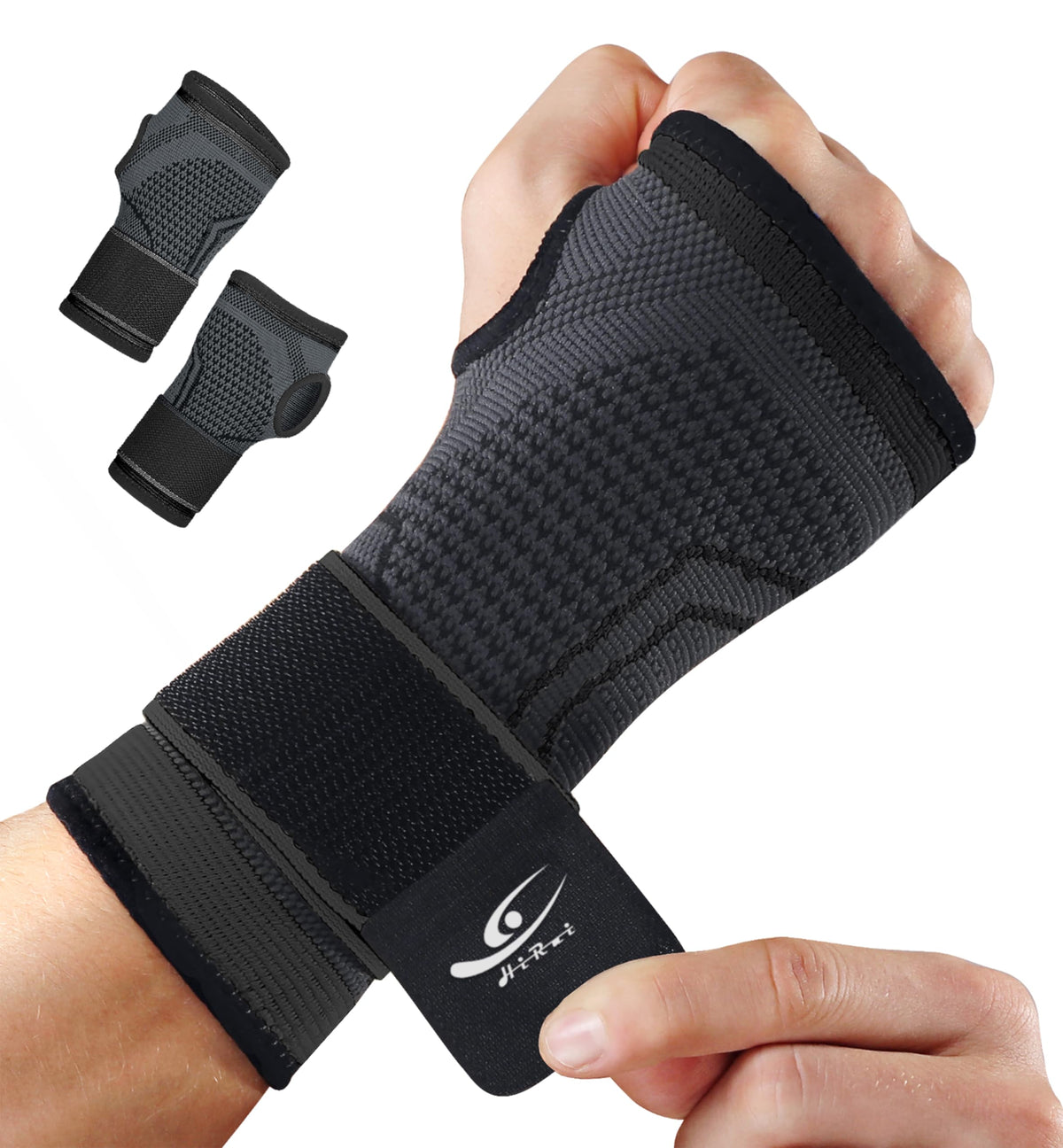 HiRui 2-Pack Wrist Brace Wrist Wraps, Hand Compression Sleeves with Wrist Straps Support for Fitness Weightlifting MTB Tendonitis Carpal Tunnel Arthritis Pain Relief (Black, Large)