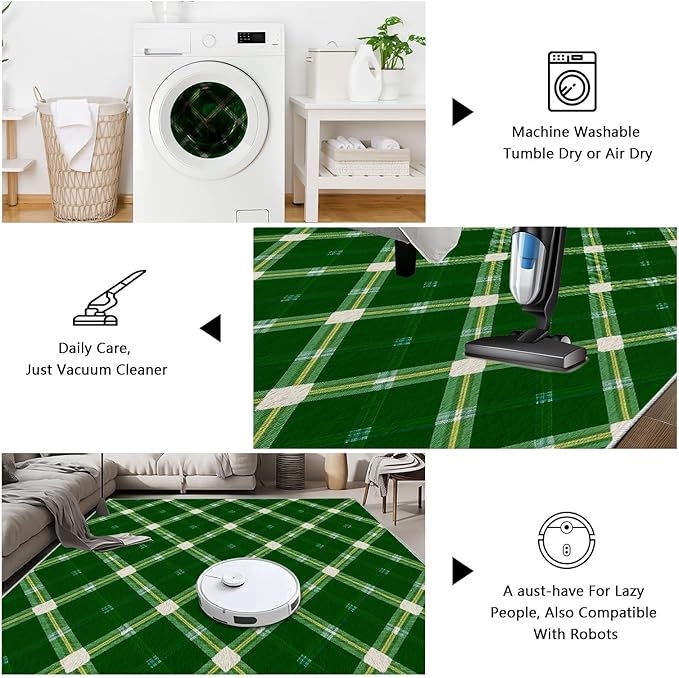 Plaid Rug - 7x9 Rug for Living Room, Geometric Stripes Soft Neutral Indoor Floor Carpet, Non-Slip Stain Resistant Modern Washable Rugs for Bedroom, Green Area Rugs
