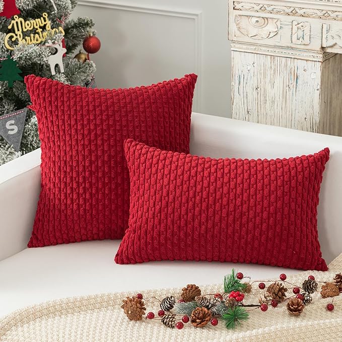 Kevin Textile Pack of 2 Christmas Corduroy Decorative Throw Pillow Covers 22x22 Inch Soft Boho Striped Pillow Covers Modern Farmhouse Home Decor for Spring Sofa Living Room Couch Bed Burgundy