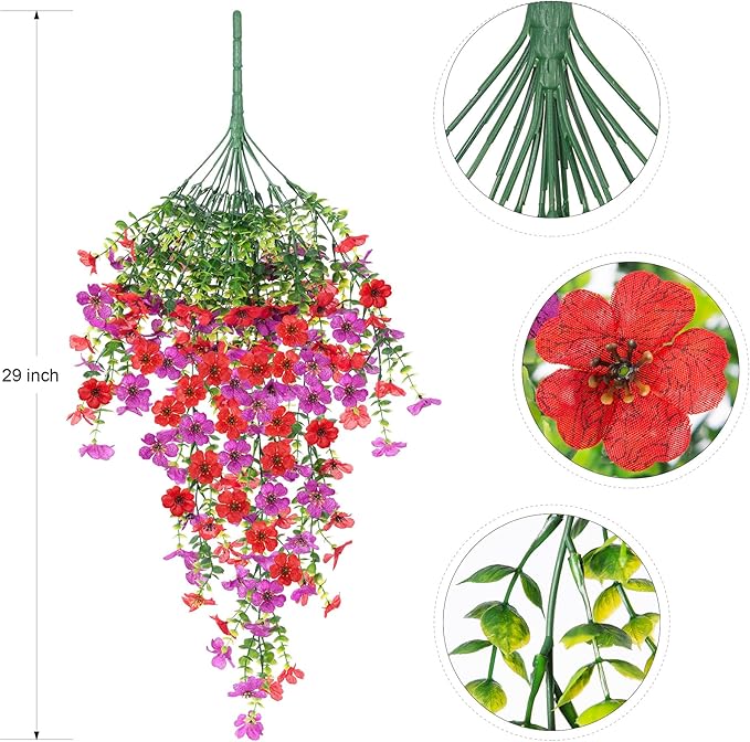 Artificial Hanging Flowers for Outdoors Faux Plants Decoration, 2 Packs Fake Silk Daisy Flower Realistic Outdoor Flowers UV Resistant Porch Patio Window Yard Outside Decor(Red Purple)