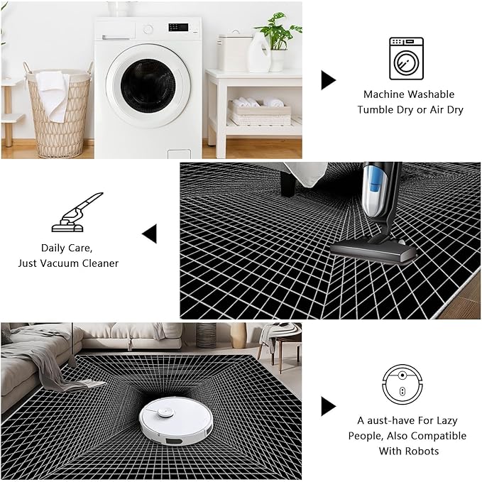 Optical Illusion Rug - Washable Rugs 5x6, Abstract Geometric Lines Soft Neutral Indoor Floor Mats Plaid Carpet, Non-Slip Stain Resistant Modern Black Rug for Bedroom, Living Room Rugs