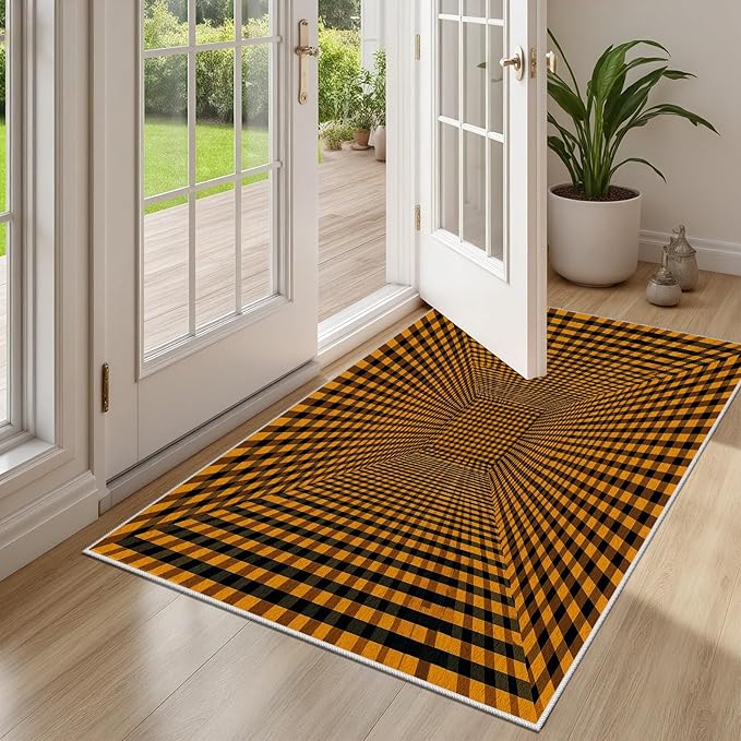 3D Rugs Optical Illusion - Plaid Rug 3x5, Geometric Stripes Soft Neutral Indoor Floor Mats Carpet, Non-Slip Stain Resistant Modern Orange Rug for Bedroom, Living Room Rugs