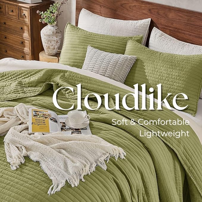 DOWN HOME Queen Quilt Bedding Set with Shams, Vintage Washed Soft Quilted Blanket Thin Comforter Lightweight Bedspread Coverlet Bed Cover, Brushed Microfiber Stripe Stitching, Golden Olive, 86"x90"