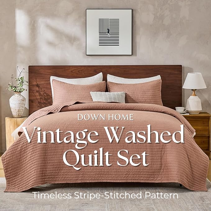 DOWN HOME Queen Quilt Bedding Set with Shams, Vintage Washed Soft Quilted Blanket Thin Comforter Lightweight Bedspread Coverlet Bed Cover, Brushed Microfiber Stripe Stitching, Desert Blush, 86"x90"