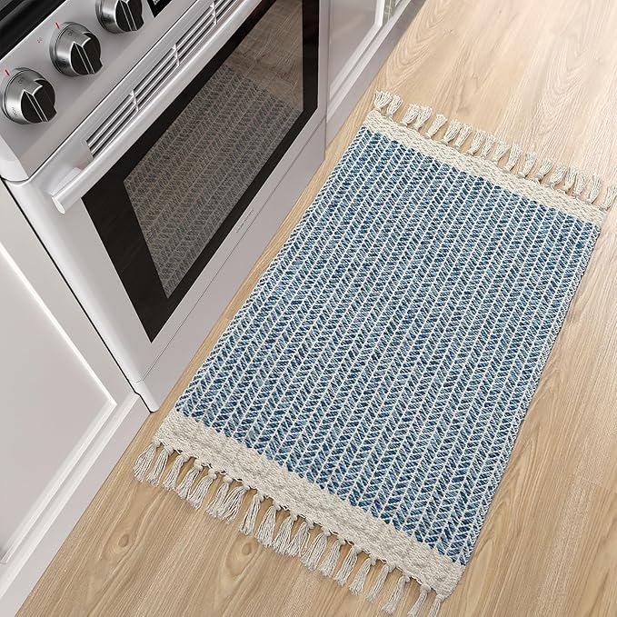 Lahome Boho Bathroom Rugs, Small 2x3 Front Door Bath Mats Lightweight Entryway Rug Woven Cotton Area Rug with Tassels, Farmhouse Blue Throw Rug Washable Low Pile Carpet for Kitchen