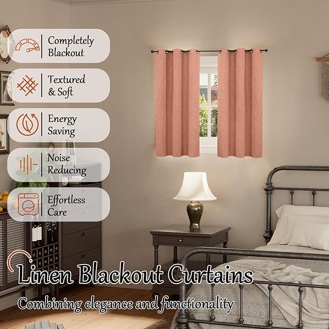 Lajode Terracotta Linen Blackout Curtains - 40 Inch Long Thermal Insulated Fall Curtains for Short Cafe Window Basement, Noise Reducing Light Blocking Privacy Curtains 2 Panels, 38x40 Inch 2 Panels