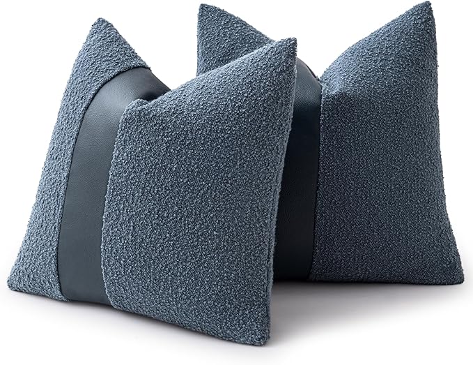 20"x20" Denim Blue Boucle Throw Pillow Covers with Faux Leather Accents Set of 2 Fluffy Textured Decorative Pillow Cases for Couch Bed Boho Farmhouse Square Cushion Covers for Nordic Home