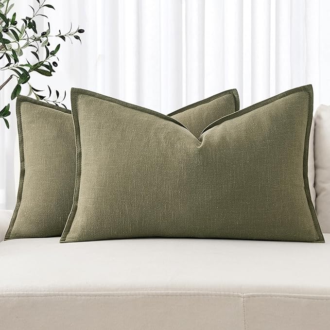 MIULEE Decorative Linen Lumbar Pillow Covers 12x20 Inch Light Olive Green Boho Farmhouse Neutral Couch Throw Pillows for Bed Pack of 2 Accent Modern Pillowcase Summer Sofa Livingroom Home Decor