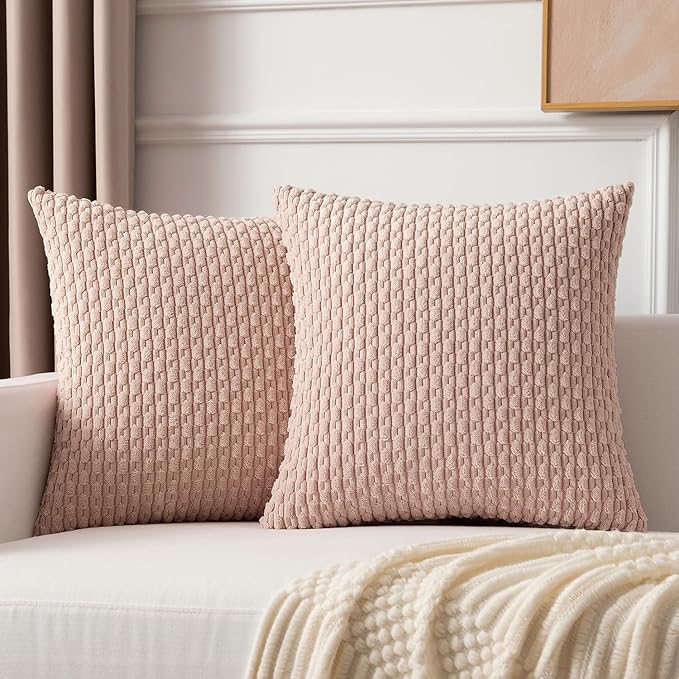 Kevin Textile Valentines Day Corduroy Decorative Throw Pillow Covers 20x20 Inch Pack of 2 Soft Boho Striped Pillow Covers Modern Home Decor Gifts for Spring Sofa Living Room Couch Bed Light Pink