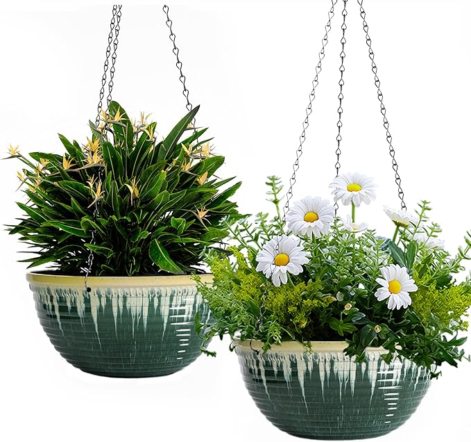 12 inch Large Hanging Planters for Indoor Outdoor Plants, Set of 2 Glazed Hanging Flower Pots with Drainage Hole, Hanging Baskets for Garden Home Porch Decor