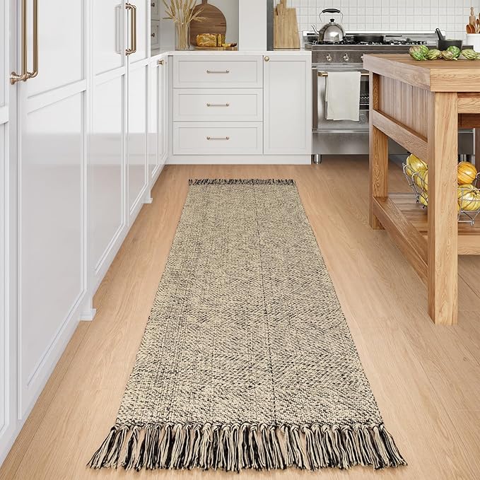 Collive Long Hallway Runners Rug 2.6x7, Farmhouse Washable Kitchen Runner Rug for Bedroom, Natural/Black Braided Woven Entryway Rug Low-Profile Front Door Floor Carpet for Laundry Bathroom Living Room