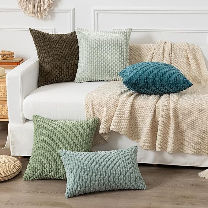 Kevin Textile Throw Pillow Covers Soft Corduroy Decorative Set of 2 Boho Striped Pillow Covers Pillowcases Farmhouse Home Decor for Couch Bed Sofa Living Room 24x24 Inch Teal Blue