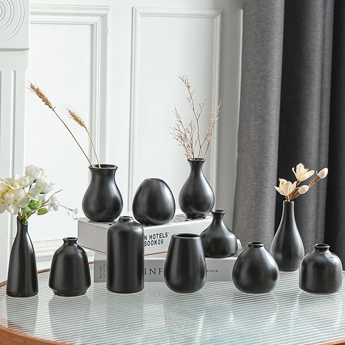 JOJUNO Black Bud Vases, Small Ceramic Vase Set of 11, Mini Pottery Vases for Flowers, Decorative Pieces for Home Modern Decor, Boho Decor, Chic Accents for Living Room Dining Table Shelves