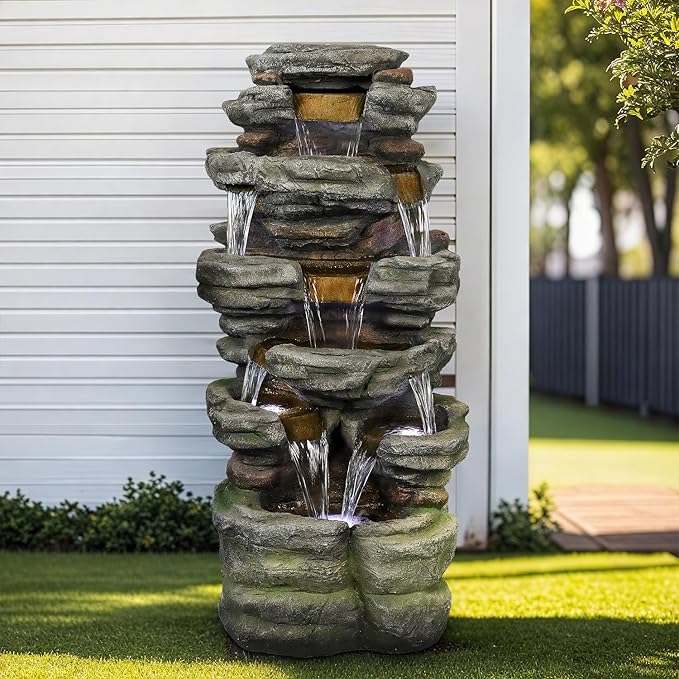 SunJet 47.2" High Cascading Rock Outdoor Water Fountain with LED Lights - Large Outdoor Resin Fountains and Waterfalls for Garden or Patio, Yard, and Deck Decor, Featuring Natural Stone Look