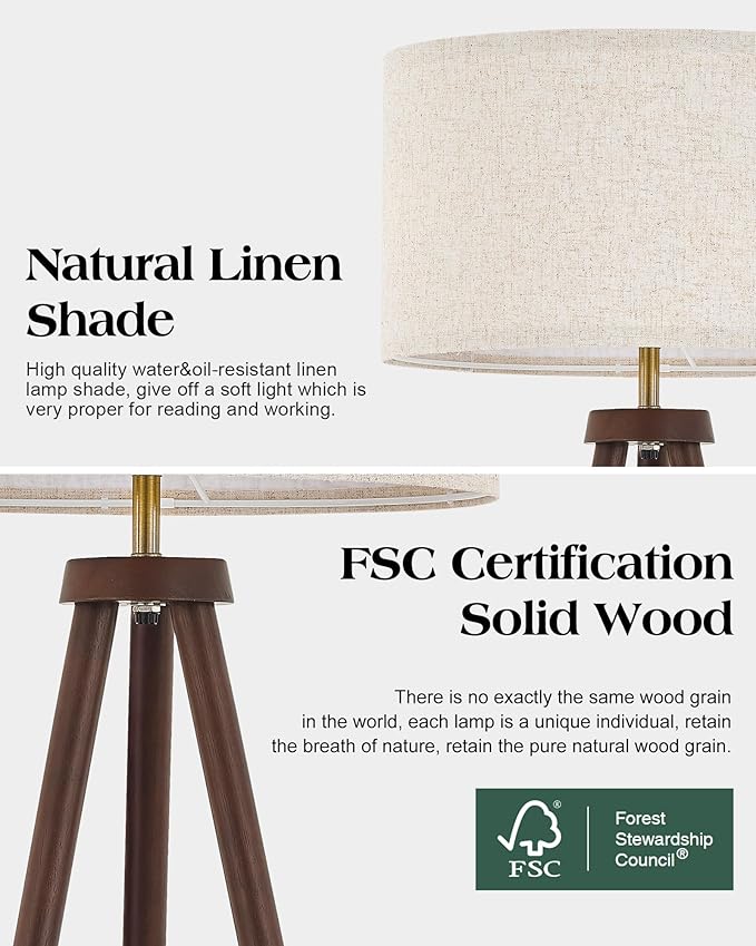 ELYONA Wood Tripod Floor Lamp Brushed Brass Metal & 3 Color Temperatures LED Bulb Vintage Wooded Standing Lamp Industrial Tall Light for Living Room Bedroom Office Beige Linen Shade Dark Brown & Gold