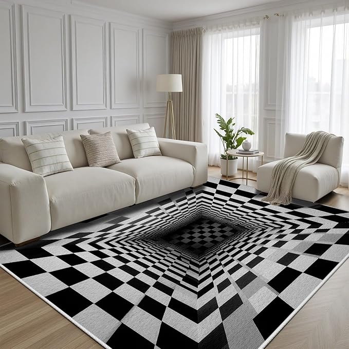 Optical Illusion Rug - Black and White Rug for Living Room, Soft Ultra Soft Faux Wool 3x4 Area Rugs Floor Mats, Non Slip&Non-Shedding Low Pile Checkered Washable Rugs, Abstract Geometric Carpet