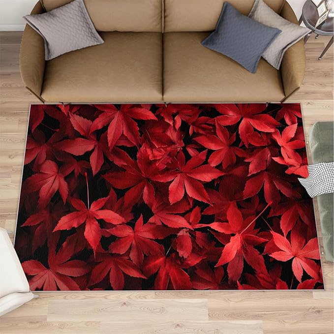 Maple Leaves Living Room Rugs, Red Leaves Area Rugs 5x8 Rug Canada Maple Leaf Non-Slip Washable Rugs Stain Resistant Rug Low-Pile Throw Rug for Bedroom Dining Room Office