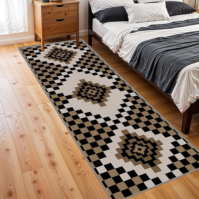 Retro Moroccan Farmhouse Decor Rug Runners for Hallways, 4x10ft, Black Linen Checkered Entryway Carpet, Rubber Backed Low Pile Easy Clean Carpets, Durable Reduce Noise Rugs for Floor