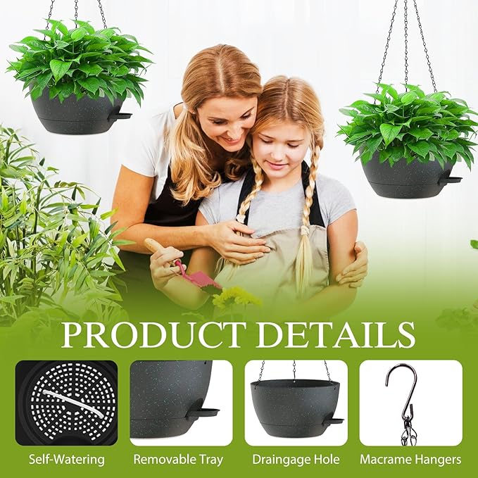 12 Inch Hanging Baskets 2 PC with Chains, Self-Watering Hanging Planters for Indoor Outdoor Plants, Plastic Hanging Flower Pots, Black with Green Speckles