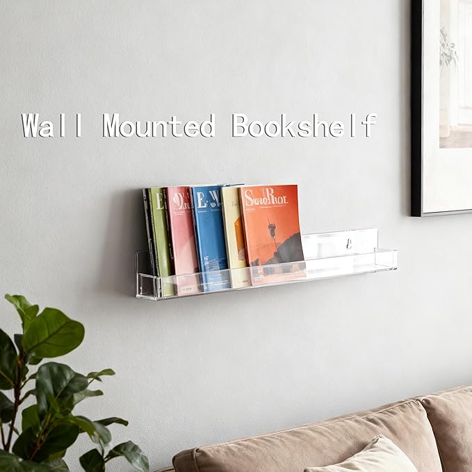4 Pack Clear Nail Polish Rack Wall Mounted,15 inch Invisible Acrylic Floating Bookshelf,Small Toy Storage Wall Shelf Modern Picture Ledge Vinyl Record Display Shelf Holder