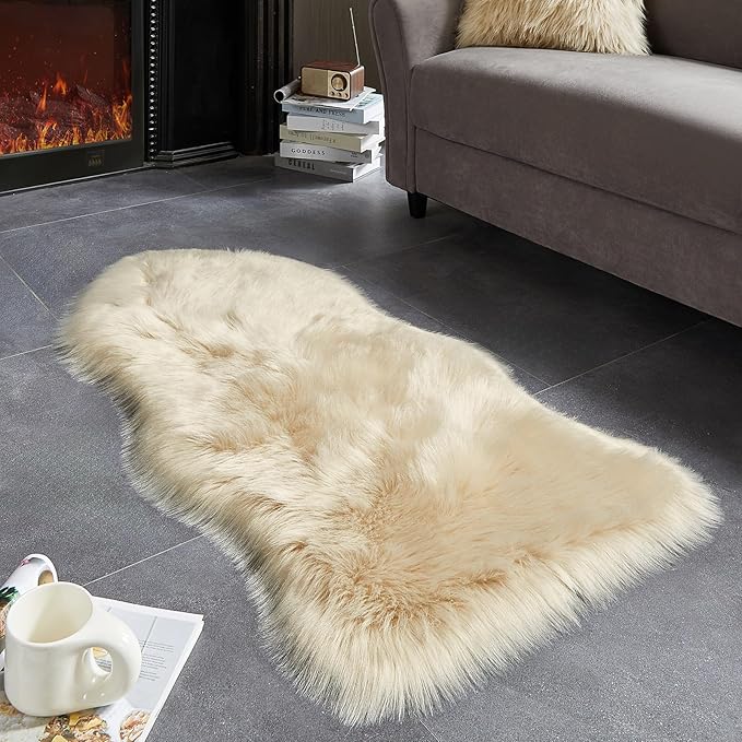 AMTOVO Faux Fur Rug, Beige Area Rug, Fluffy Sheepskin Rug, Fuzzy Ultra Soft 2 x 4 ft Shag Rugs for Bedroom Sofa Throw Cushion Room Decor, Sheepskin
