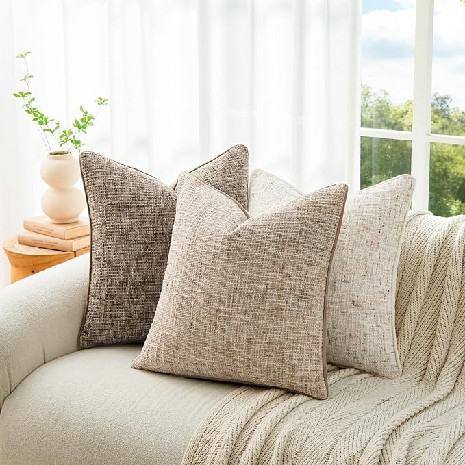 a moment Khaki Reversible Pillow Covers 2 Pack - Farmhouse Chenille Throw Pillows, Neutral Textured Decorative Throw Pillow Covers with Border for Couch Sofa Bed (12x20 Inch, No Insert)