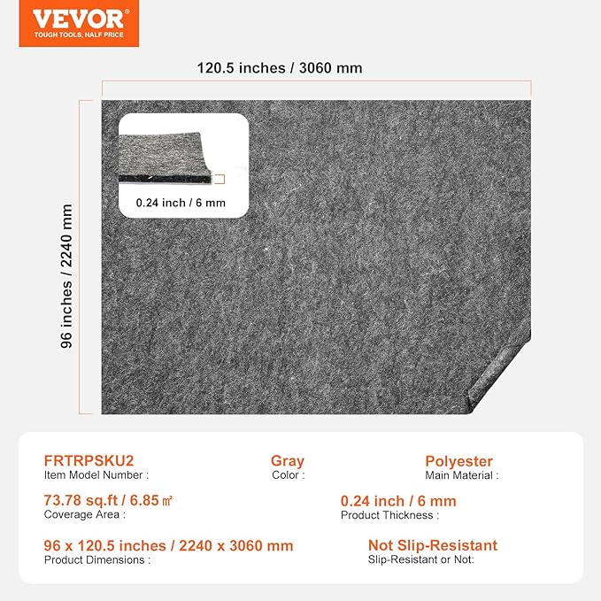 VEVOR Rug Pad Without Slip Resistance, Protective Cushioning Carpet Pad, 8' x 10', 1/4" Thick, 100% Pure Polyester Felt, 7-8㎡ Premium Comfort Underfoot Carpet Padding Rug Cushion for All Floors, Gray