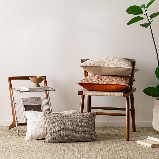 a moment Brown Reversible Pillow Covers 2 Pack - Farmhouse Chenille Throw Pillows, Neutral Textured Decorative Throw Pillow Covers with Border for Couch Sofa Bed (20x20 Inch, No Insert)