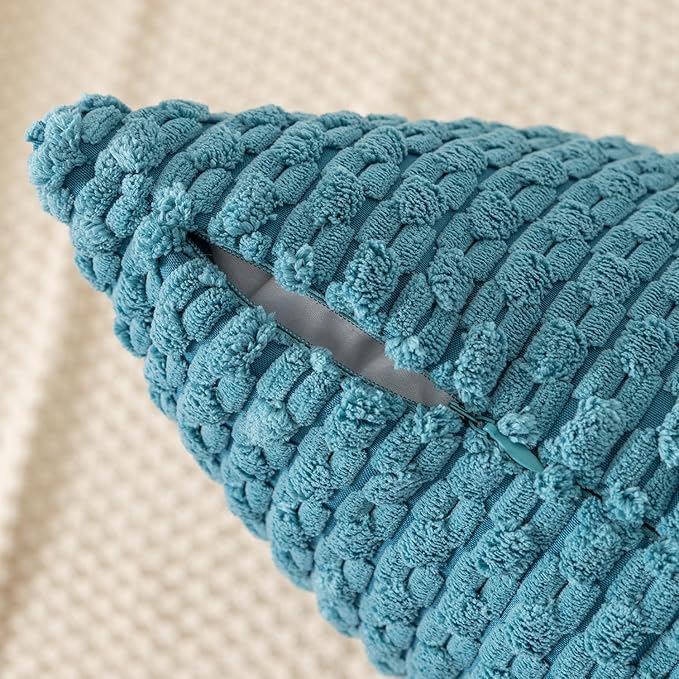 Kevin Textile Throw Pillow Covers Soft Corduroy Decorative Set of 2 Boho Striped Pillow Covers Pillowcases Farmhouse Home Decor for Couch Bed Sofa Living Room 22x22 Inch Light Blue