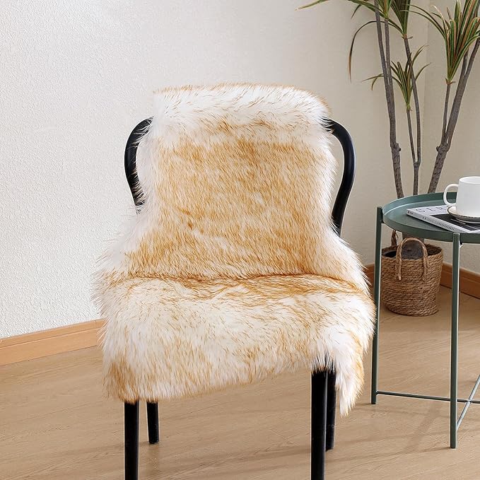 Faux Fur Rug Sheepskin Shag Fluffy Fuzzy 2x3 ft Small Rugs for Bedroom Bedside Bed Floor Living Room Plush High-Density Cushion Carpet Super Sofa Cover White and Yellow