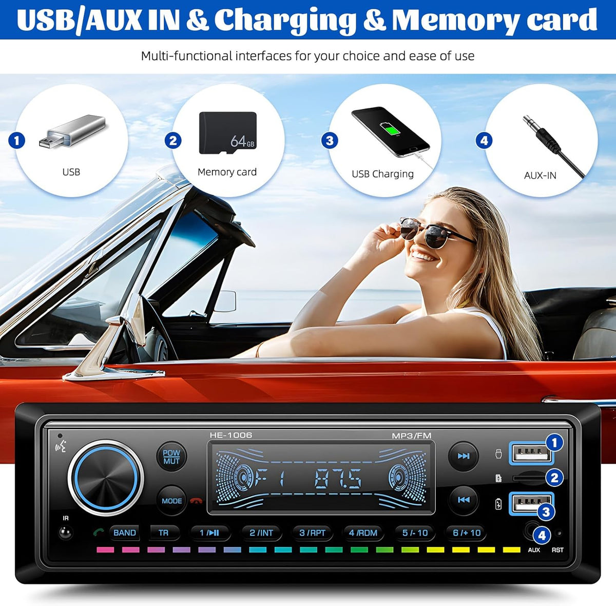 GOHHDL MP3 Display,64GB Single Din Bluetooth Multimedia Car Stereo Radio Player,USB/TF/AUX-in,FM,LCD SD