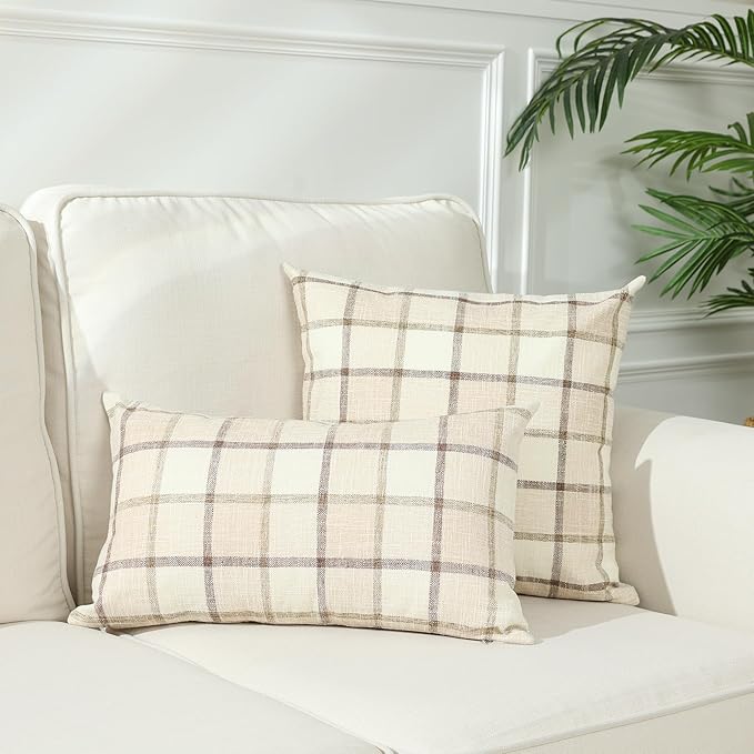 Stellhome Pack of 2 Fall Lumbar Linen Buffalo Check Throw Pillow Covers Autumn Farmhouse Plaid Cushion Cover Rustic Retro Decor for Bed Couch Sofa Bench, 12 x 20 Inch, Beige