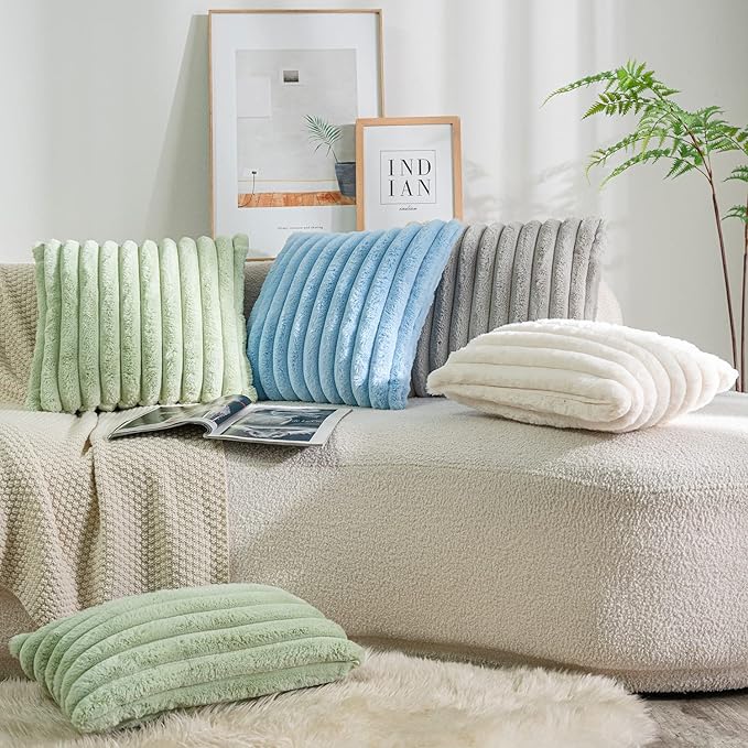 DEELAND Pack of 2,Double-Sided Faux Fur Plush Decorative Throw Pillow Covers Fuzzy Striped Soft Pillowcase Cushion Covers for Sofa Couch Bedroom Lightblue 26x26 inch
