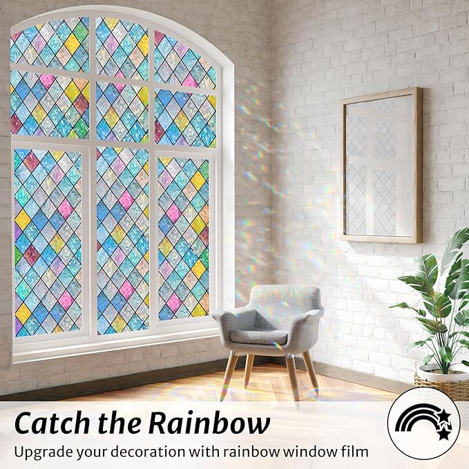rabbitgoo Stained Glass Window Film Rainbow Film Decorative 3D Privacy Sticker Colorful Lattice Window Decals Cling, Sun Catcher Static Decals for Home 23.6"×157.4"