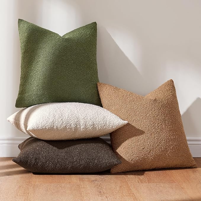 MIULEE Pack of 4 Decorative Textured Boucle Throw Pillow Covers 18x18 Inch Green Brown Accent Solid Pillow Cases Soft Couch Cushion Covers Modern Farmhouse Boho Chair Sofa Bed Livingroom Home Decor
