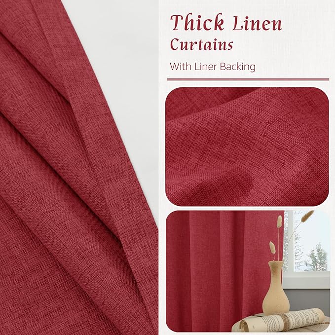 LAMIT Red 100% Blackout Linen Curtains, 63 Inches Linen Textured Thermal Bedroom Panels Back Tab and Rod Pocket Neutral Drapes with White Liner for Christmas Decor, 2 Panels, 38 x 63 Inch