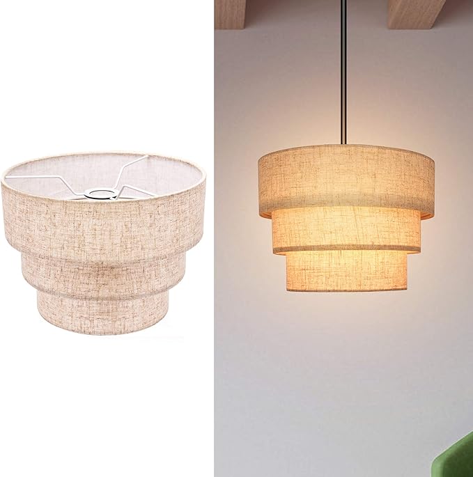 EDISLIVE 3-tier Drum Linen Lamp Shade for Pendant Lamp Floor Lamp Chandelier Replacement Shade Clip on Bulb Classic Round Lampshade Cover Only