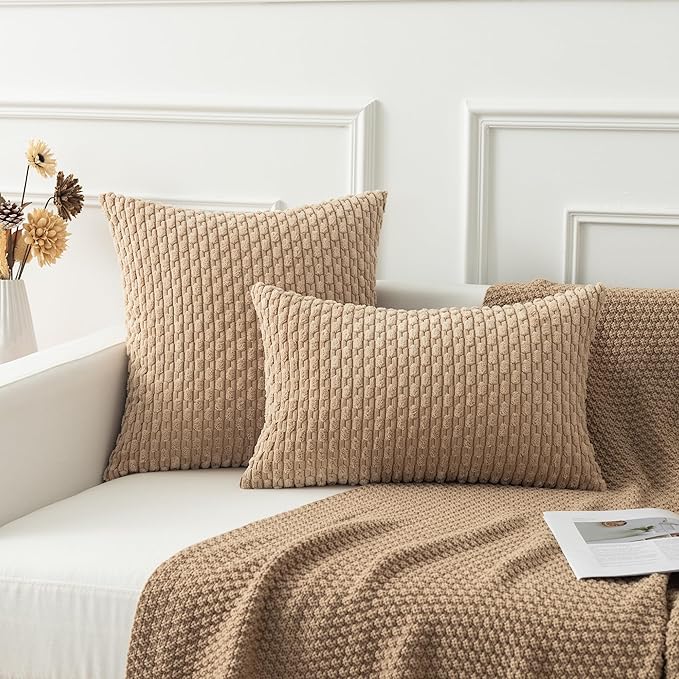 Kevin Textile Pack of 2 Corduroy Decorative Throw Pillow Covers 12x20 Inch Soft Boho Striped Pillow Covers Modern Farmhouse Home Decor for Autumn Sofa Living Room Couch Bed Tan