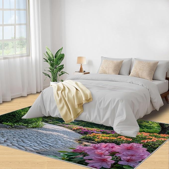 Japanese Gardens Washable Area Rugs 5x7 Non-Slip Garden Art Living Room Rug Eastern Aesthetics Soft for Carpet Low Pile Indoor Door Mat & Room Decor