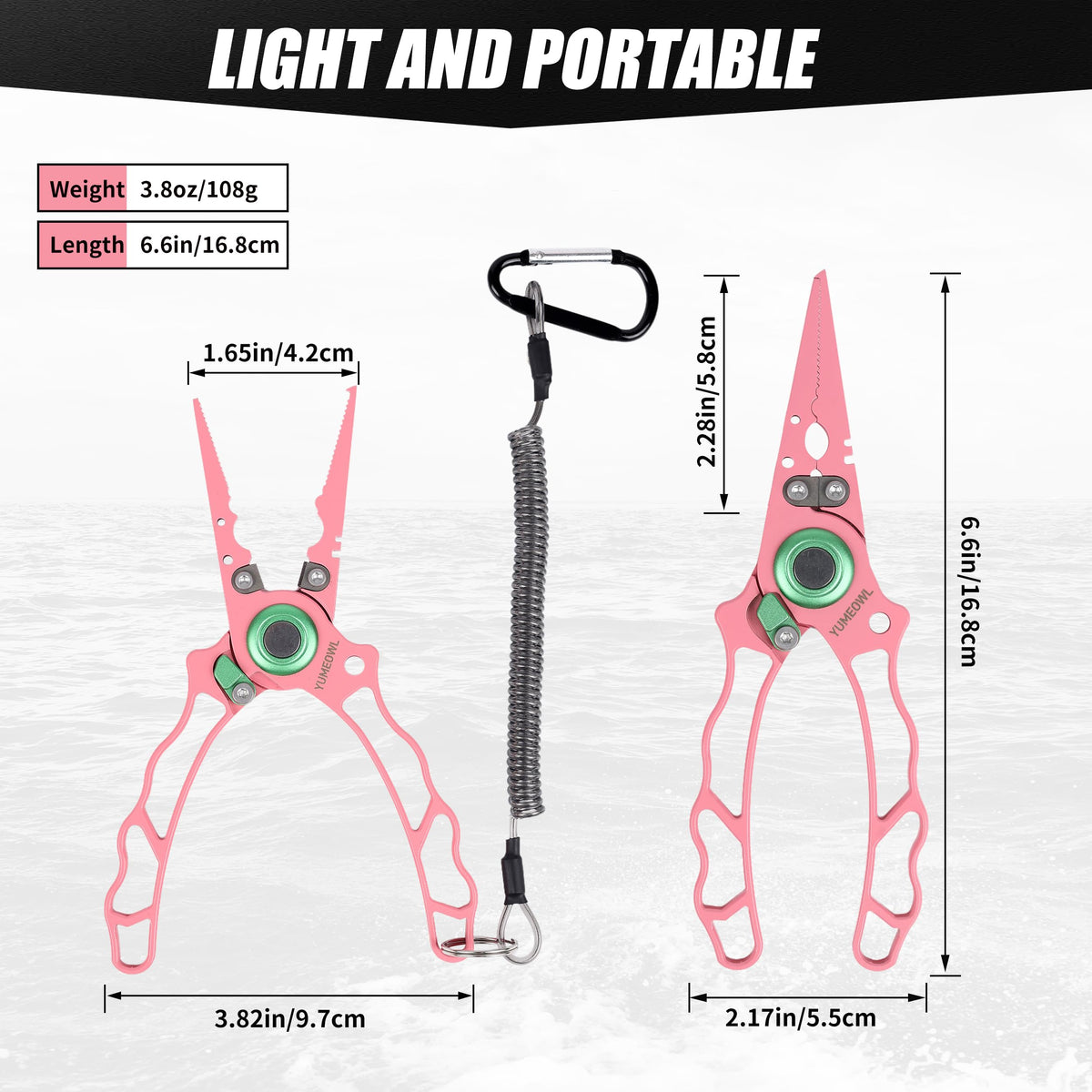 YUMEOWL Lockable Fishing Pliers & Hook Removers with Tungsten Steel Cutters, Non-Stick Coating, Ergonomic Handle and Lost Rope,Sheath - Lightweight, Multi-Function Fishing Gear, Pink 6.6" 3.8 oz