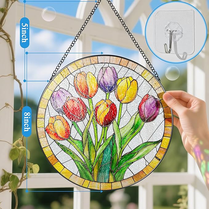 Stained Glass Window Hanging, 8 Inch Tulips Stained Glass Suncatcher, Botanical Lover Gift, Flowers Sun Catcher, Colorful Window Decor, Tulips Housewarming Gifts, Gifts for Mom Her