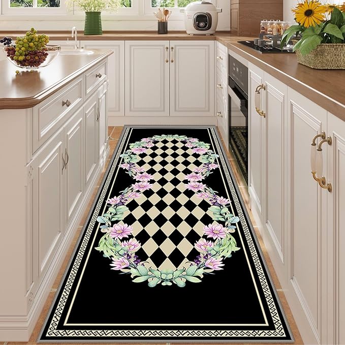 Vintage Farmhouse Checkered Hallway Carpet, 2x8ft, Elegant Floral Flower Checkerboard Indoor Throw Rugs, Absorbent Washable Foldable No Crease High Traffic Mat for Laundryroom Floor