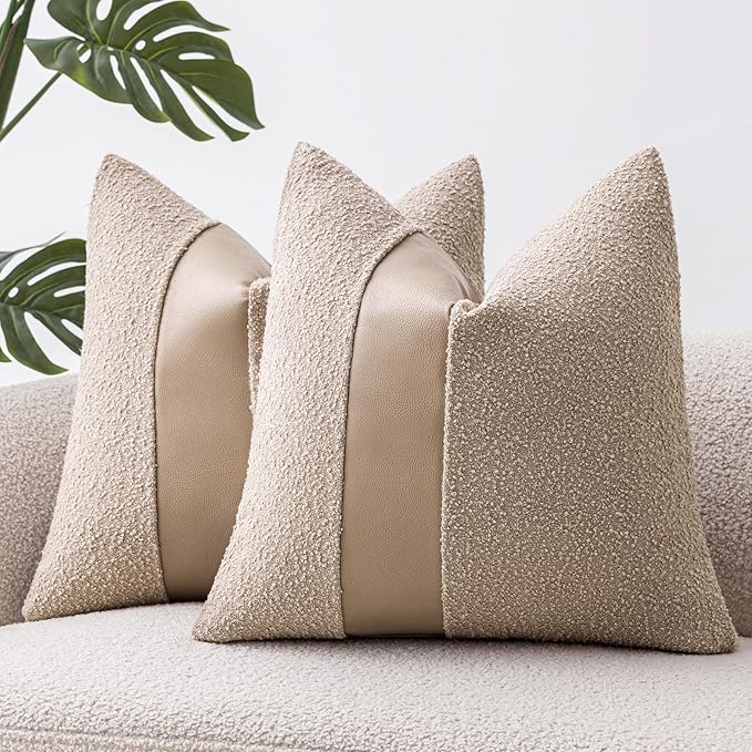 18"x18" Oatmeal Boucle Throw Pillow Covers with Faux Leather Accents Set of 2 Fluffy Textured Decorative Pillow Cases for Couch Bed Boho Farmhouse Square Cushion Covers for Nordic Home Décor