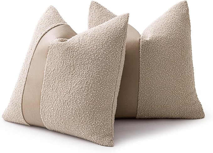 20"x20" Oatmeal Boucle Throw Pillow Covers with Faux Leather Accents Set of 2 Fluffy Textured Decorative Pillow Cases for Couch Bed Boho Farmhouse Square Cushion Covers for Nordic Home Décor
