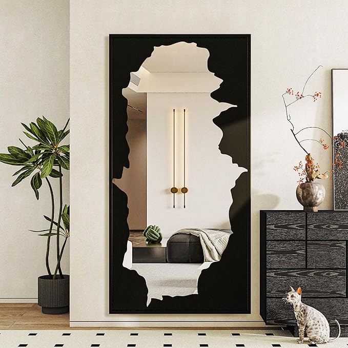 Full-Length Mirror Free Standing Leaning Mirror with Artistic Black Abstract Overlay Deco, 55"x28" Shatterproof Wall-Mounted Mirror, Perfect for Living Room, Bedroom, Cloakroom, and Bathroom Decor