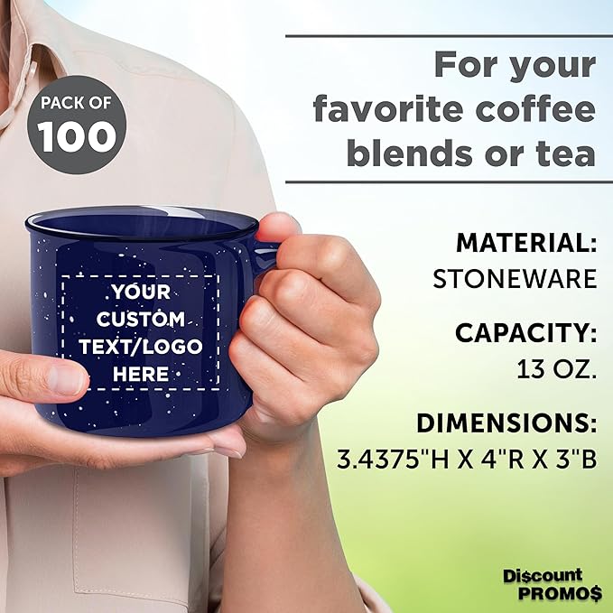 DISCOUNT PROMOS Custom Ceramic Campfire Coffee Mugs 13 oz. Set of 100, Personalized Bulk Pack - Perfect for Tea, Espresso, Cappuccino, Hot Cocoa - Blue