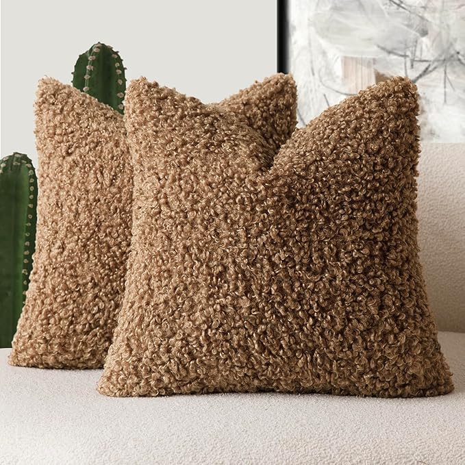 Foindtower 2 Pieces 22x22 Inch Dark Bronze, Faux Fur Throw Pillow Cover Accent Sherpa Furry Pillow Covers Fuzzy Soft Pillowcases Cozy Sheepskin Decorative Fleece Cushion Case for Bed Couch Living Room